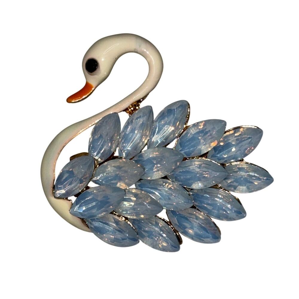White Enamel Swan Brooch Pin, Frosted Ice Blue Marquise Crystal Bird Brooch